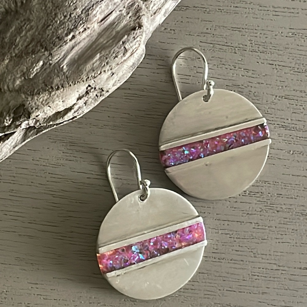NWOT Southwestern Sterling Silver with Iridescent Pink Peruvian Opal Earrings
